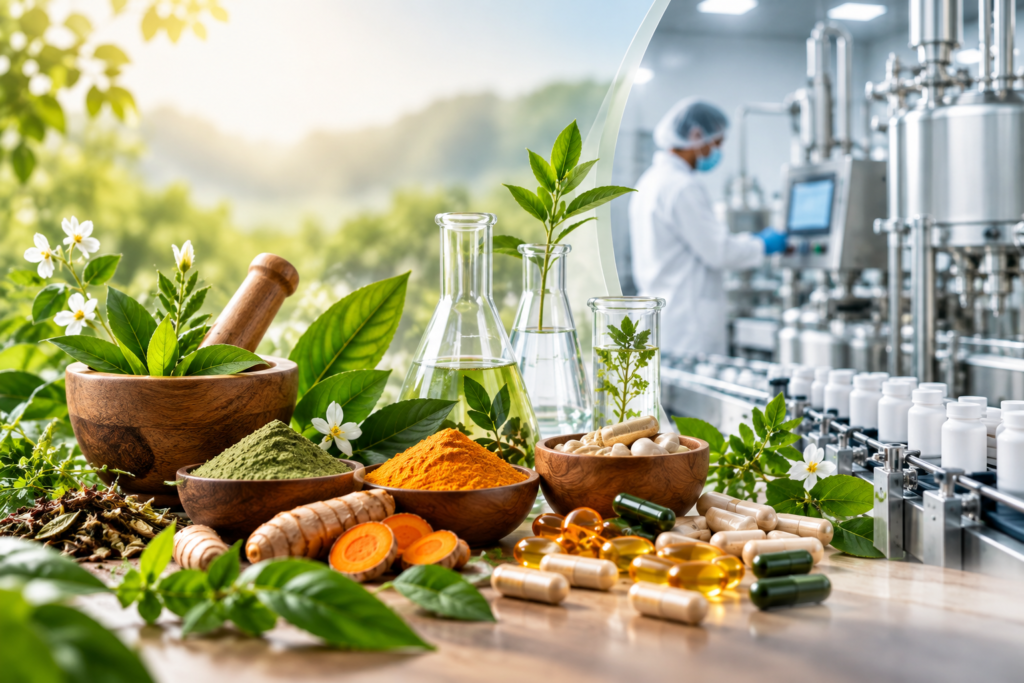 Ayurvedic herbs and natural ingredients in a modern laboratory